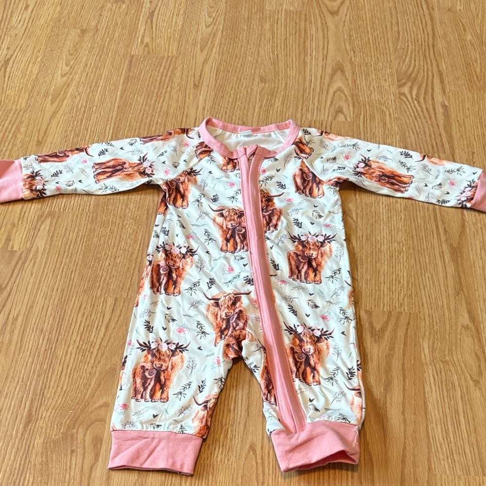 Pink Trim Cream Baby One-Piece with Highland Cow Print